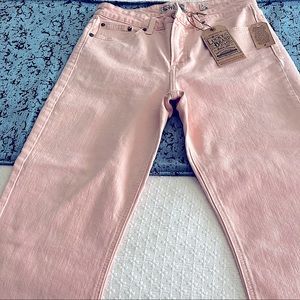 Lucky Brand Bridgette cropped flare jeans light pink, raw hem.